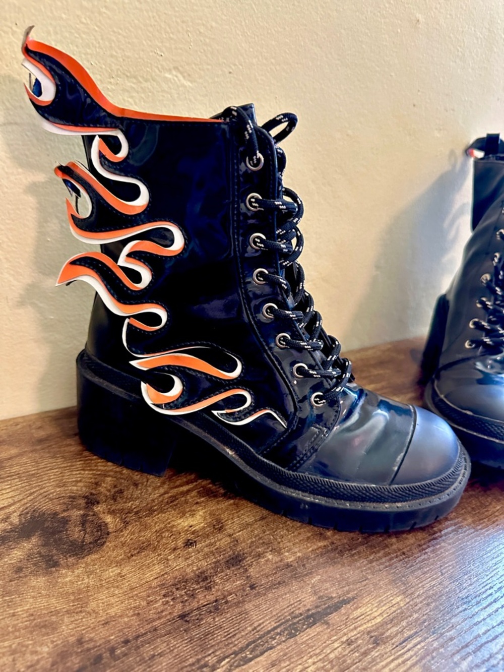 FLAME boots DollsKill Black Orange Fire Patent Combat Moto Rave edm edc